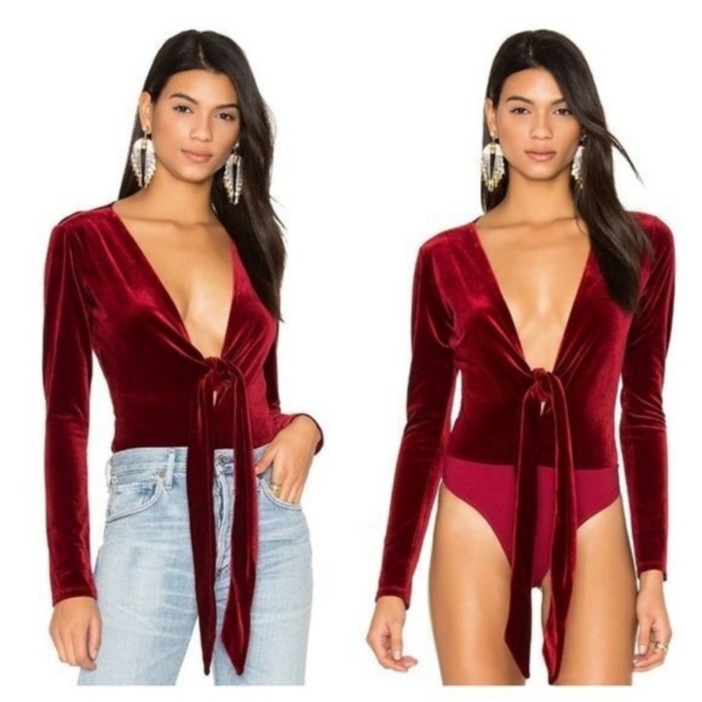 $138 LPA Revolve | Velvet Long Sleeve Bodysuit Plunge V-Neck Merlot Red XS
